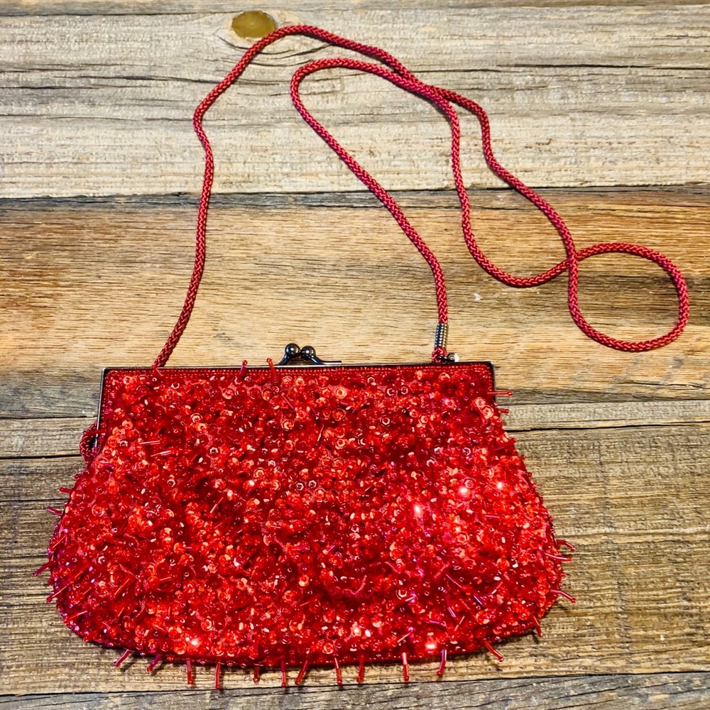 Red sparkle beaded clutch with strap